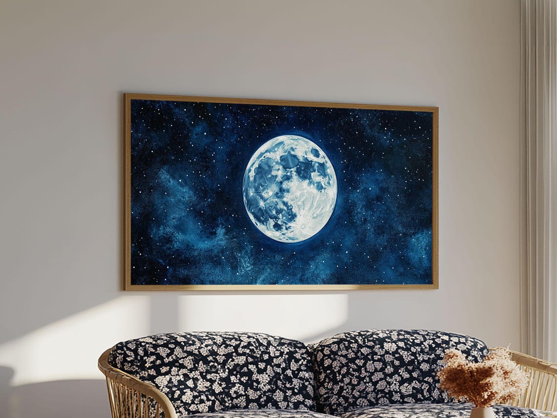Full Moon Starry Deep Blue Night Sky Celestial Abstract Wall Art - Image 6