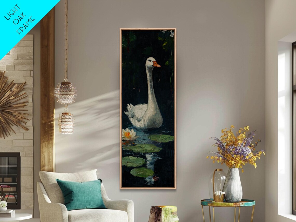 White Swan on Dark Lily Pond Water Lilies Graceful Bird Wall Art