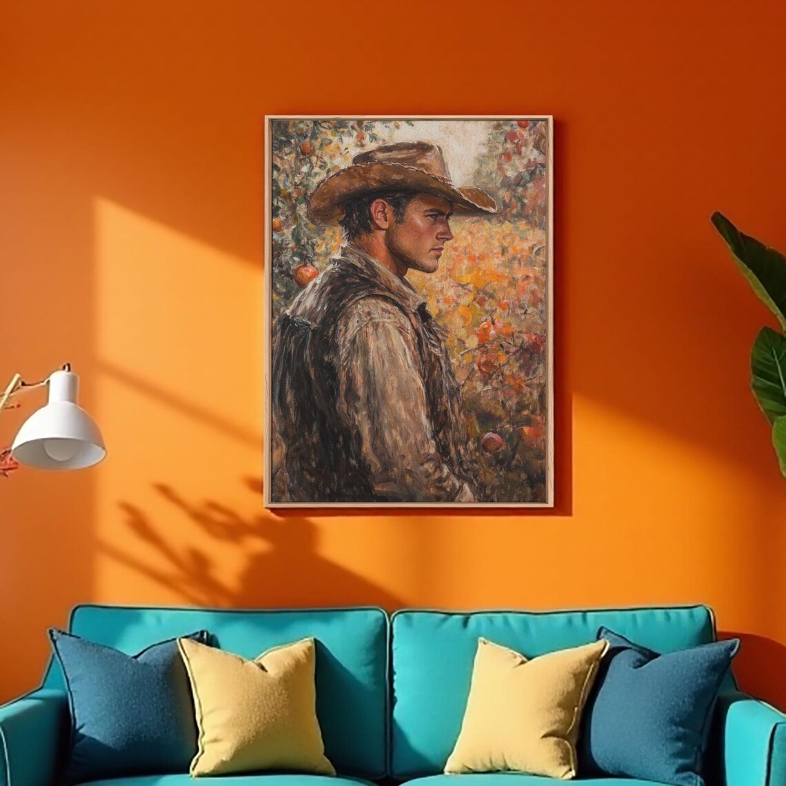 Thoughtful Cowboy Portrait Autumn Orchard Warm Painterly Art Poster - Image 5