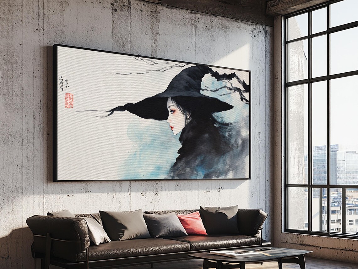 Japanese Witch Portrait Watercolor Ink Wash Bats Wide Brim Hat Artwork Poster - Image 5