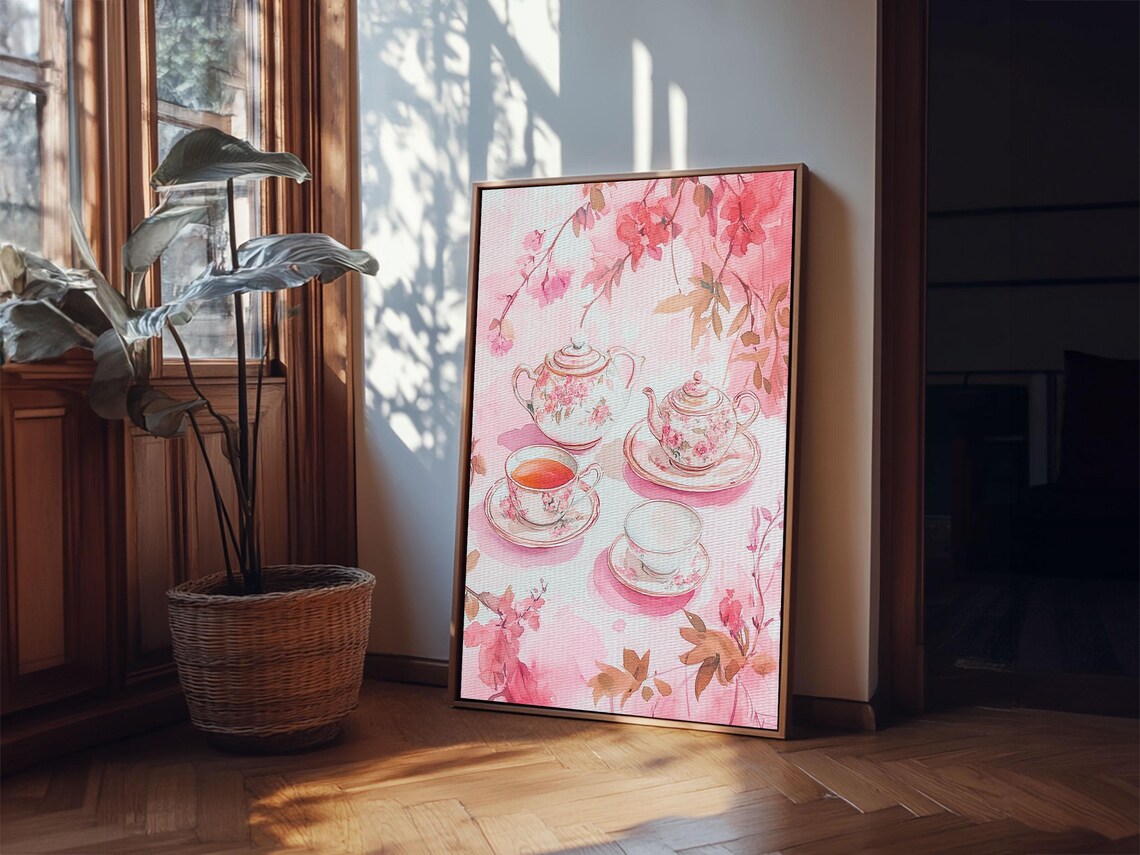 Pink Floral Tea Set With Cherry Blossoms Watercolor Wall Art Print - Image 2