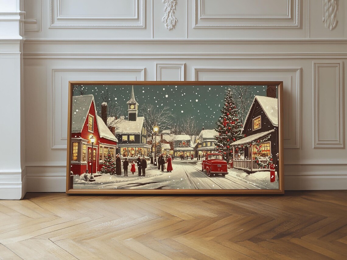 Snowy Christmas Town Square Church Clock Tower Vintage Red Truck Print - Image 6