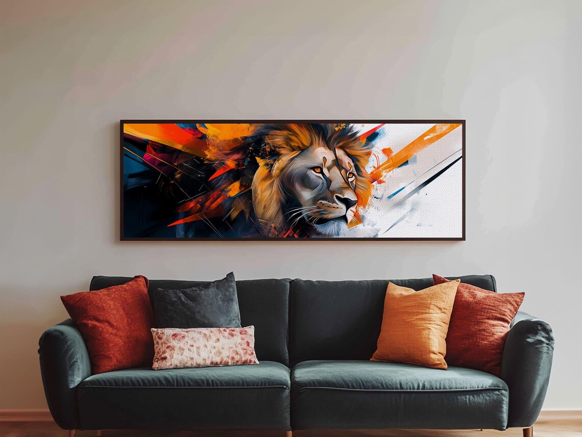 Majestic Lion Head Bold Abstract Orange Black Brushstroke Panoramic Art Print - Image 3