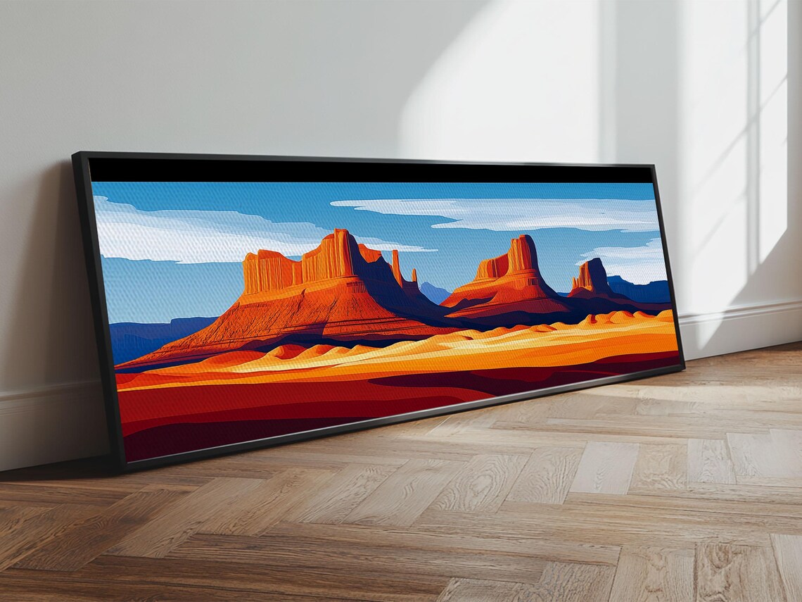 Monument Valley Sunset Framed Print Southwest Wall Art Panoramic Painting Rustic Art Landscape Art Gift Idea Extra Wide Art - Image 3