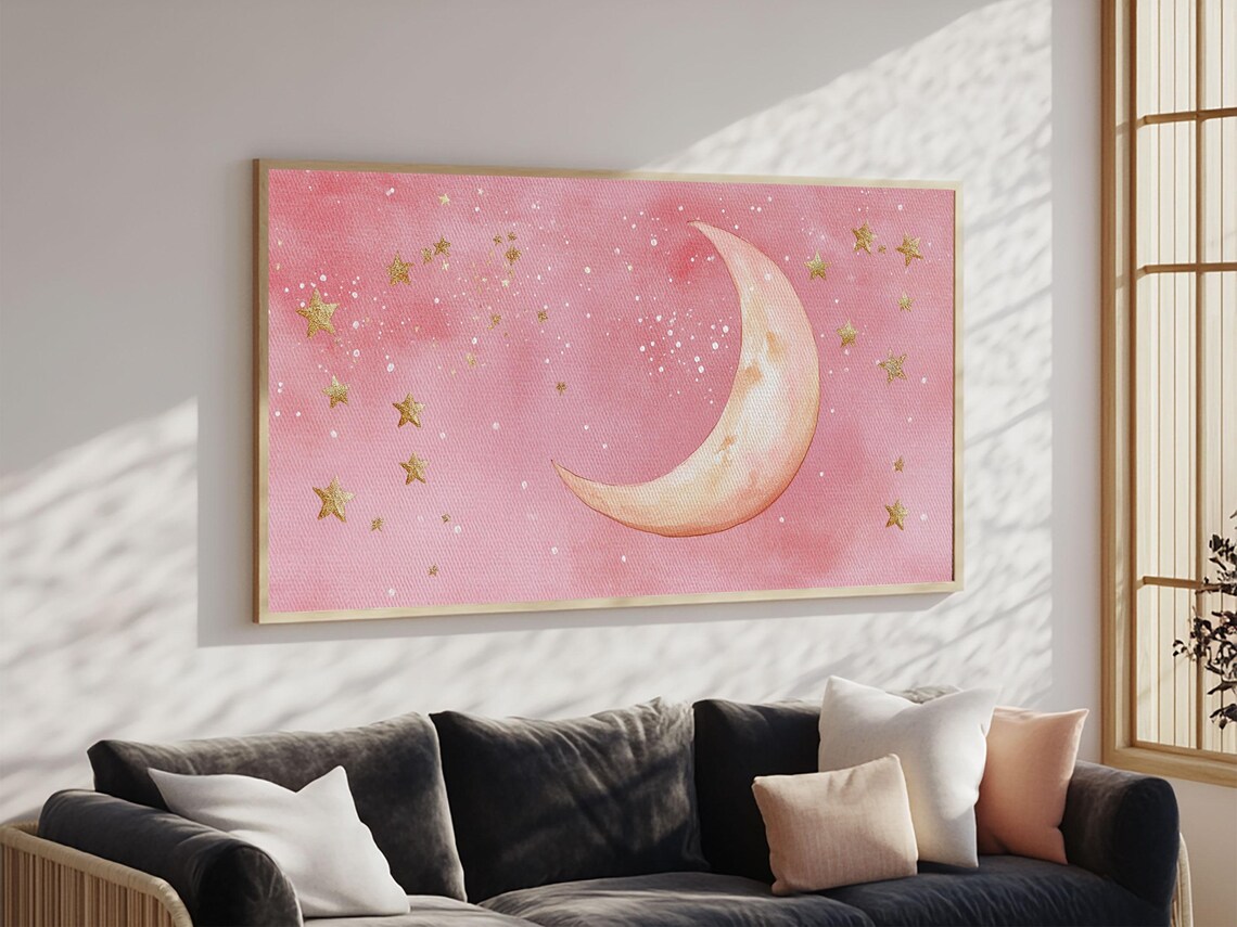 Golden Crescent Moon And Stars On Pink Watercolor Celestial Sky Poster - Image 6