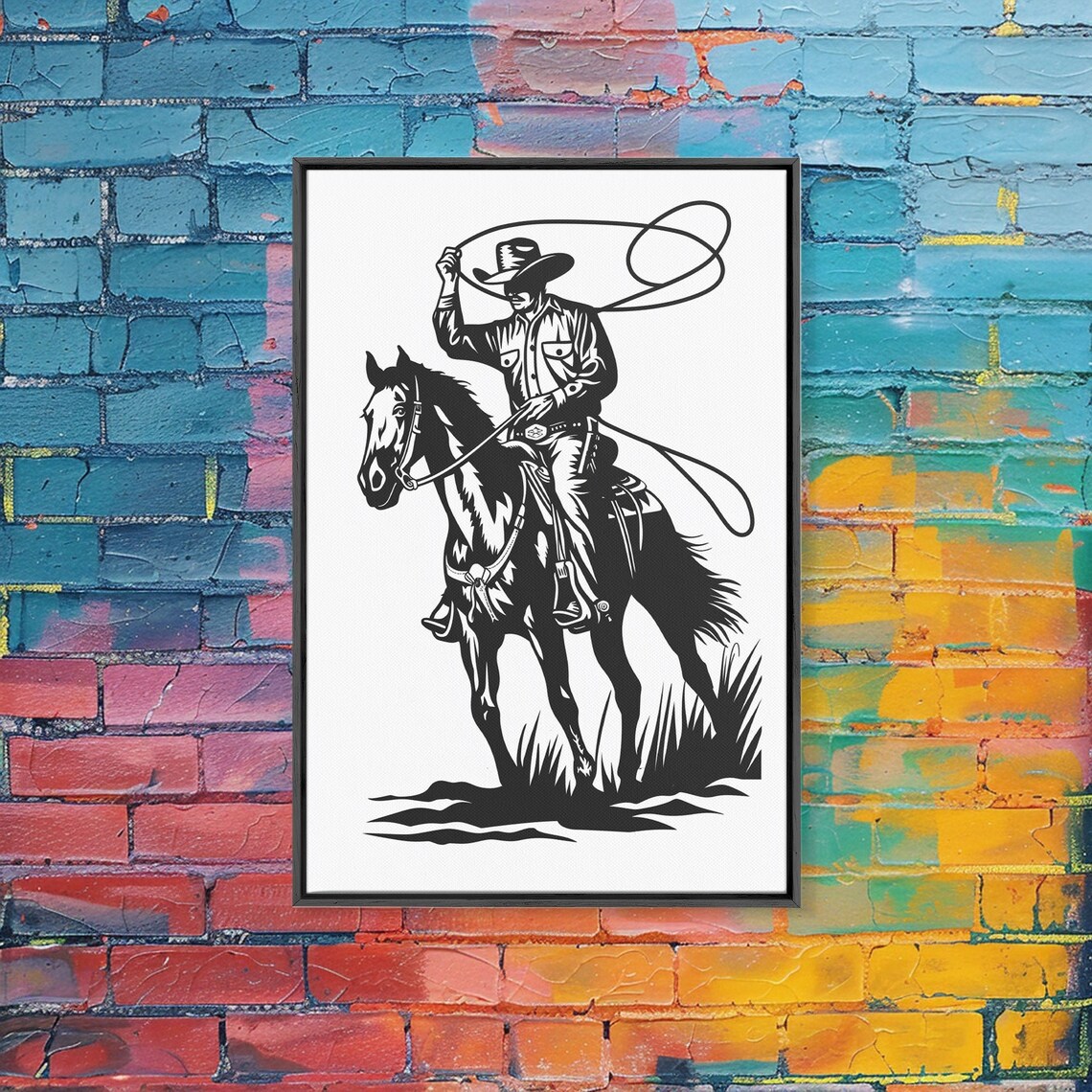 Cowboy Roping On Horseback Black Silhouette Western Line Art Poster - Image 3