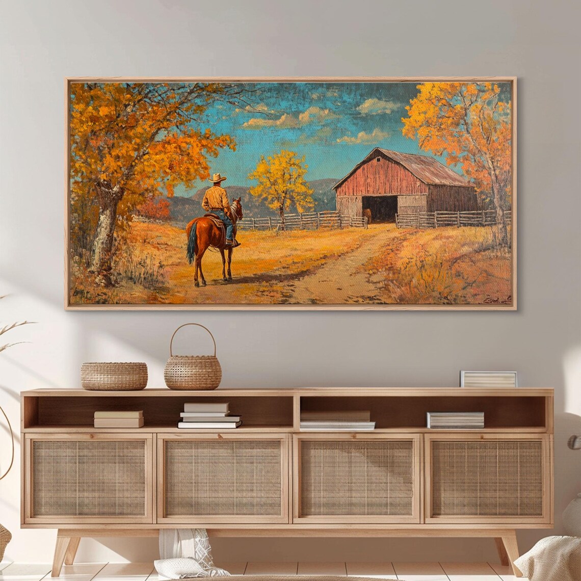Cowboy Riding To The Red Barn Golden Autumn Farm Landscape Poster - Image 4