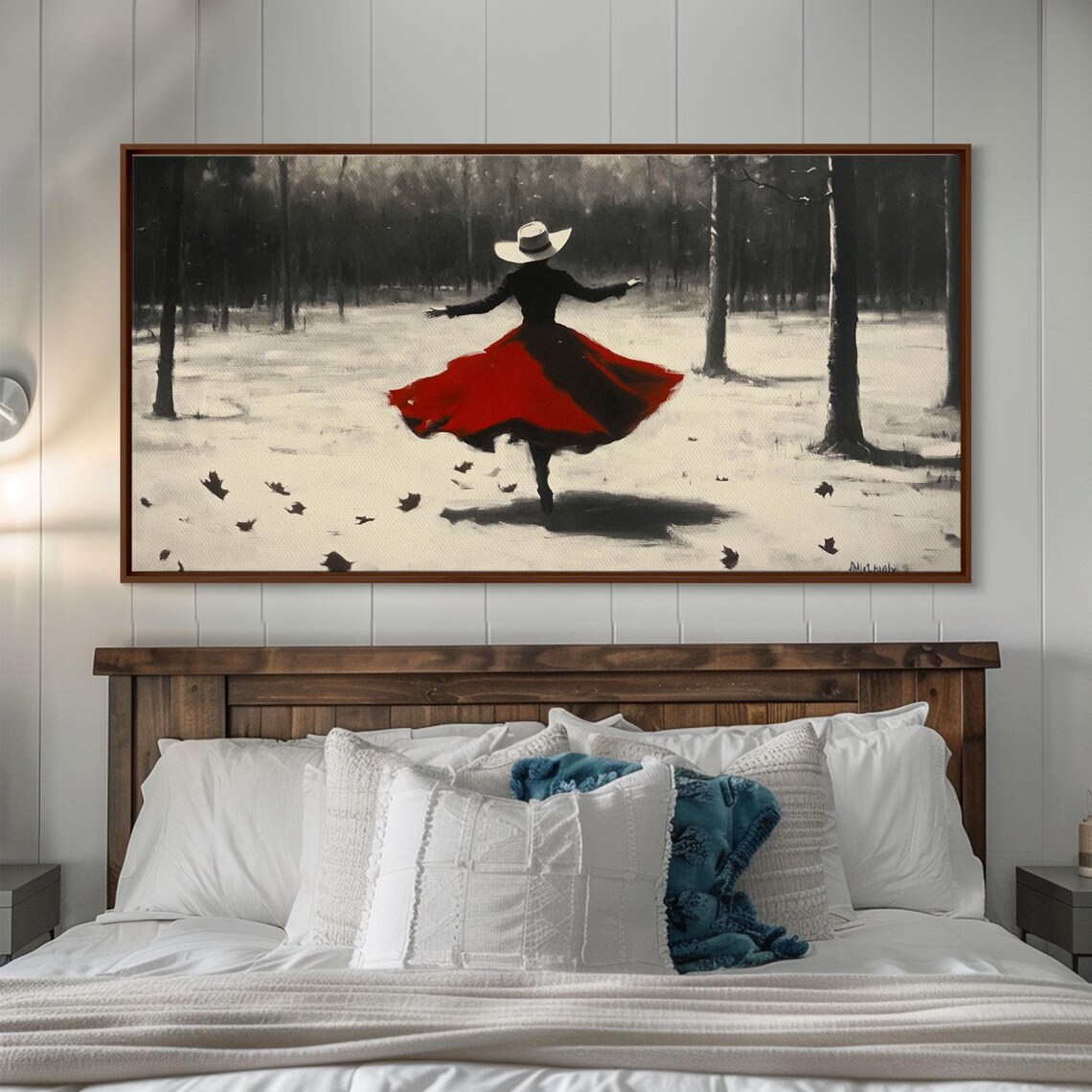 Dancing Cowgirl In Red Dress In Snowy Monochrome Forest Art Poster