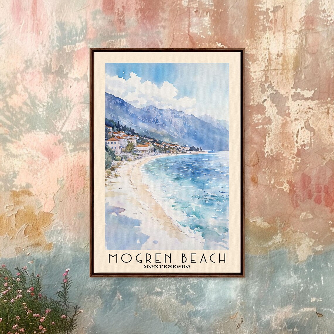 Mogren Beach Montenegro Seaside Town Mountain Bay Watercolor Poster