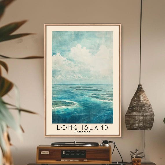 Long Island Bahamas Watercolor Beach Print Vacation Gift Bahamas Wall Art Framed Print Framed Beach Painting