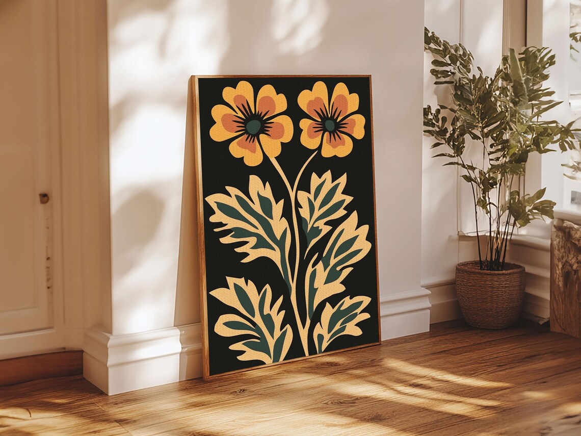 Boho Wildflower Floral Art Mustard Blooms Black Background Print