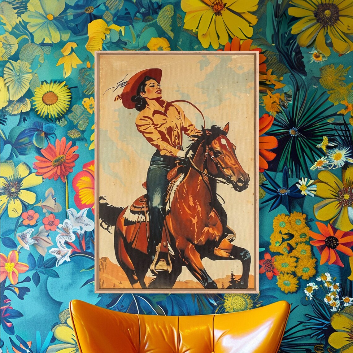 Vintage Cowgirl Riding Rearing Chestnut Horse Western Ranch Poster - Image 2
