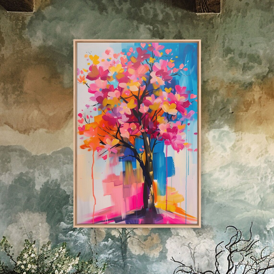 Colorful Blossoming Tree Abstract Floral Oil Painting Wall Art - Image 3