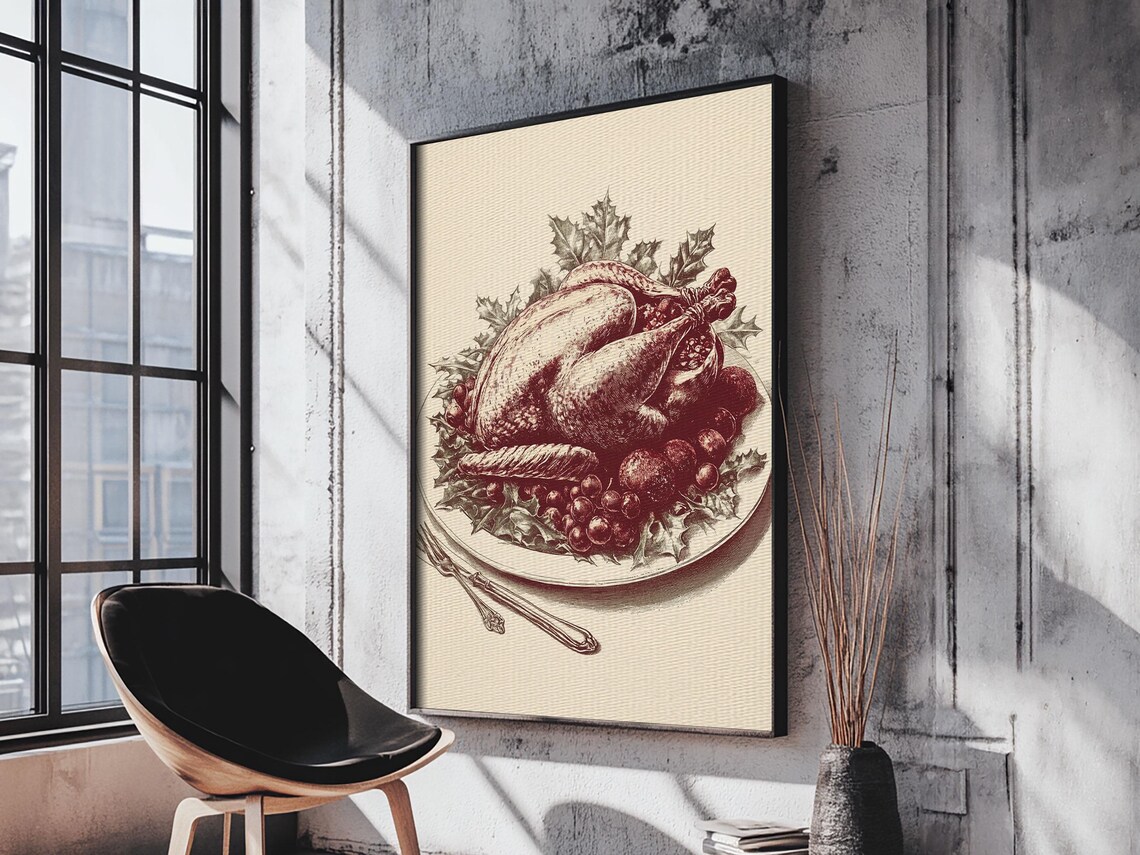 Roasted Turkey Burgundy Engraving Vintage Christmas Dinner Art Poster