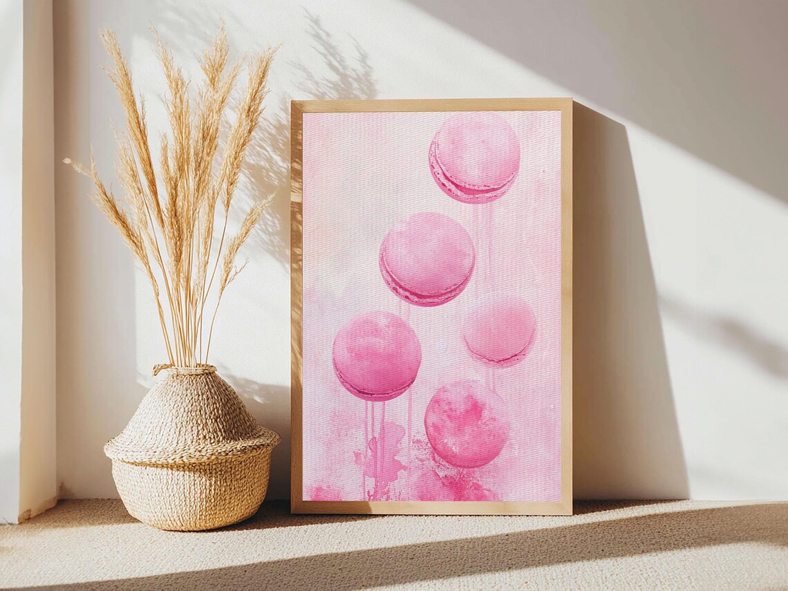 Pink Macarons Floating Playful Watercolor French Dessert Wall Art - Image 3