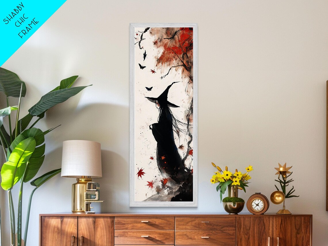 Autumn Witch Among Red Maple Leaves Bats Gothic Halloween Art Poster - Image 3