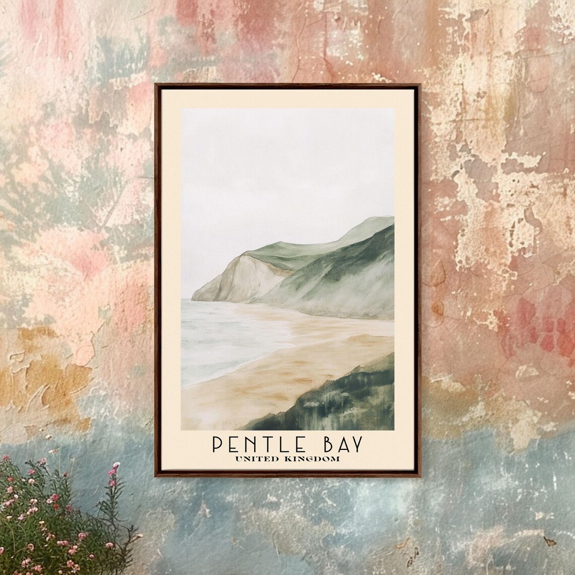 Pentle Bay United Kingdom Misty Headland Minimal Watercolor Coast Poster