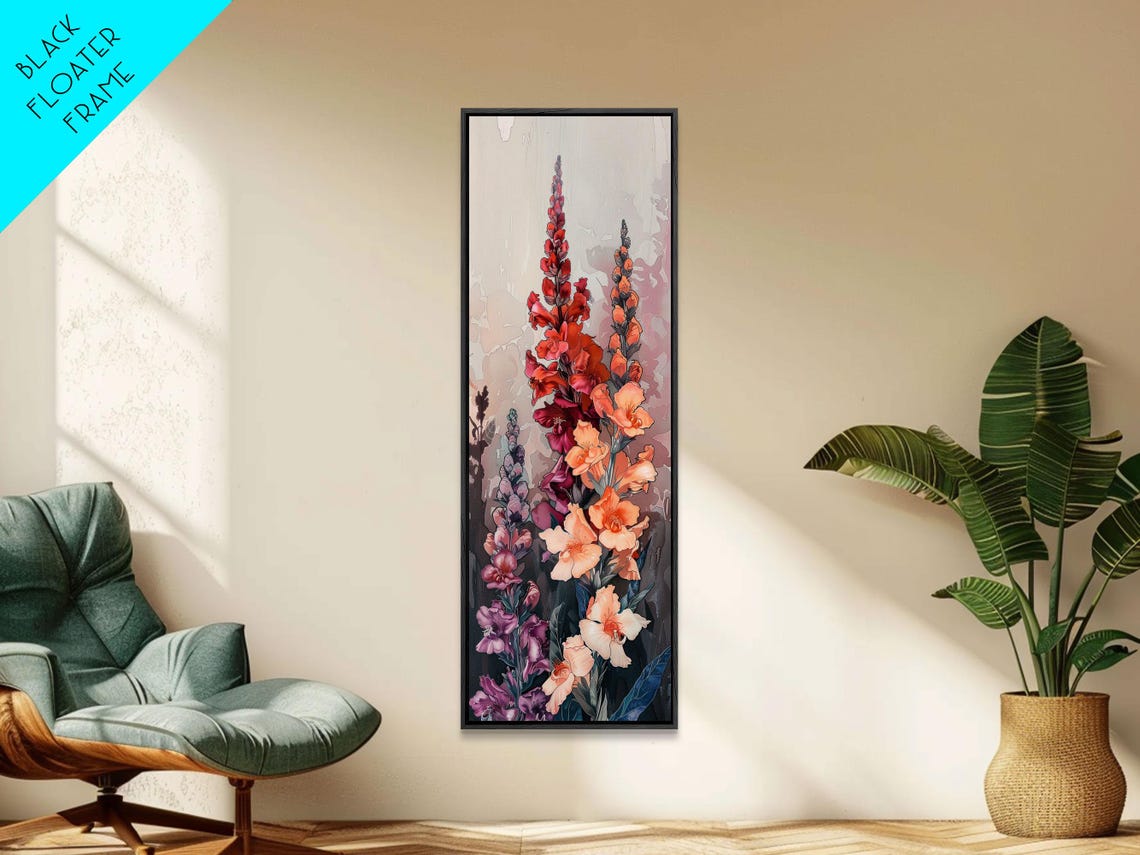 Vibrant Gladiolus Flowers Red Orange Tall Japanese Art Poster