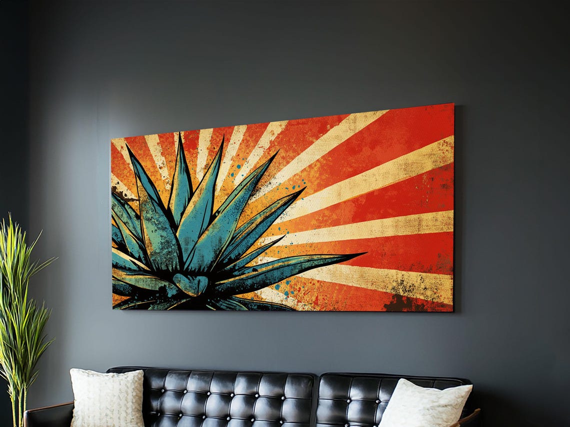 Bold Blue Agave Pop Art Red Sunburst Rays Retro Mexican Wall Art - Image 2