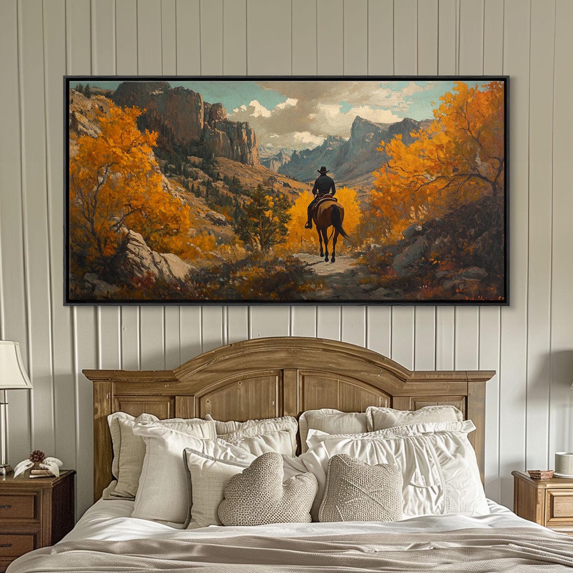 Wild West Cowboy In A Fall Landscape Painting Framed Print Addition To Your Fall Farmhouse Wall Decor Rustic Gallery Wall - Image 2
