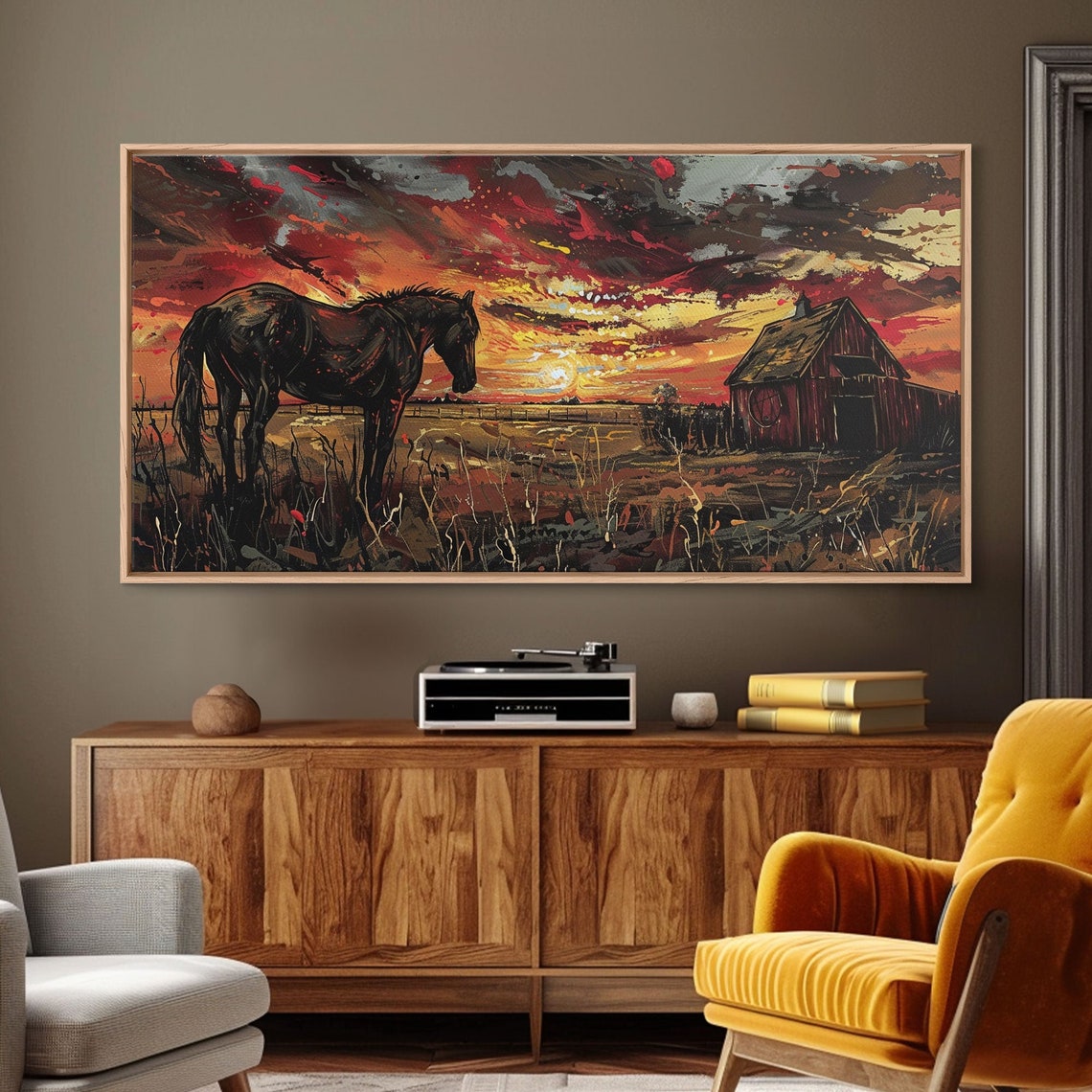 Dark Horse At Sunset Red Barn Fiery Red Orange Dramatic Sky Wall Art - Image 5