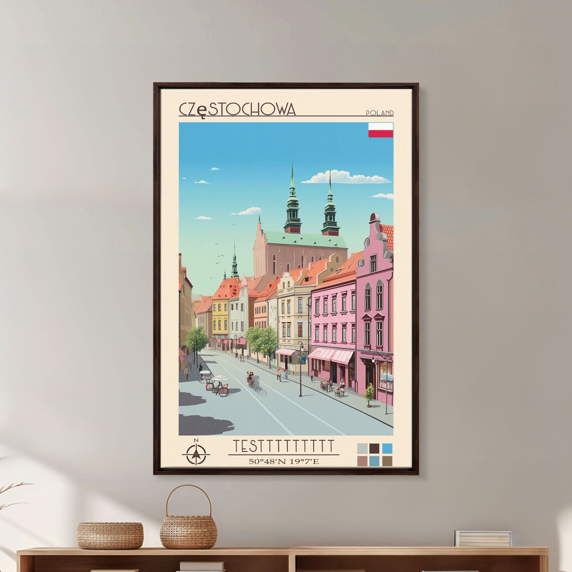 Czestochowa Poland Twin Spire Church Sunny Street Scene Travel Poster - Image 4
