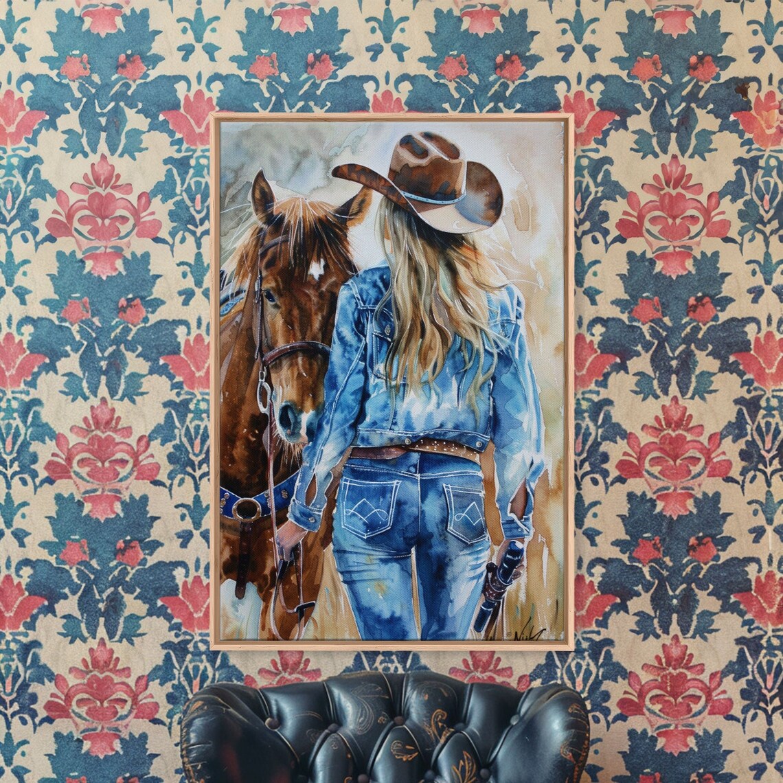 Cowgirl In Denim With Horse Watercolor Western Ranch Life Poster