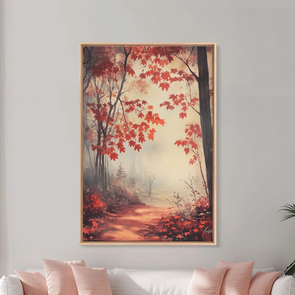 Misty Autumn Maple Path Red Foliage Warm Forest Landscape Poster