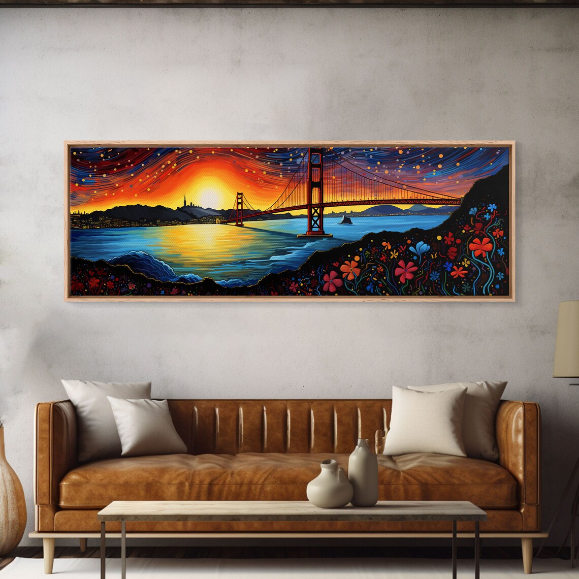 Golden Gate Bridge San Francisco Sunset Swirling Sky Floral Painting Poster
