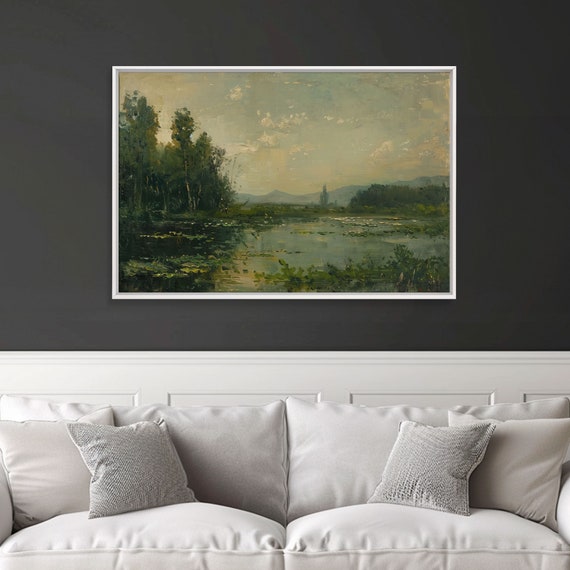 Dutch Landscape With Lake Framed Print Oil Painting Wood Frame Wall Art Cottage Core Farmhouse Decor Living Room Art
