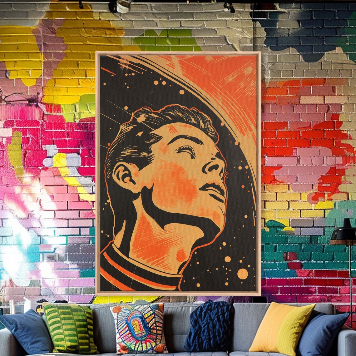 Mid Century Space Age Man Gazing Planet Orange Retro Comic Poster