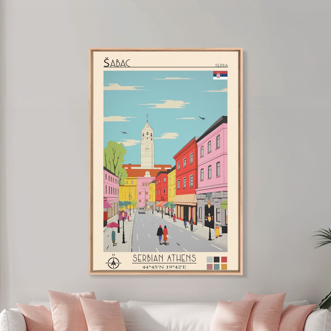 Sabac Serbia Colorful Main Street Clock Tower Midcentury Travel Poster - Image 4