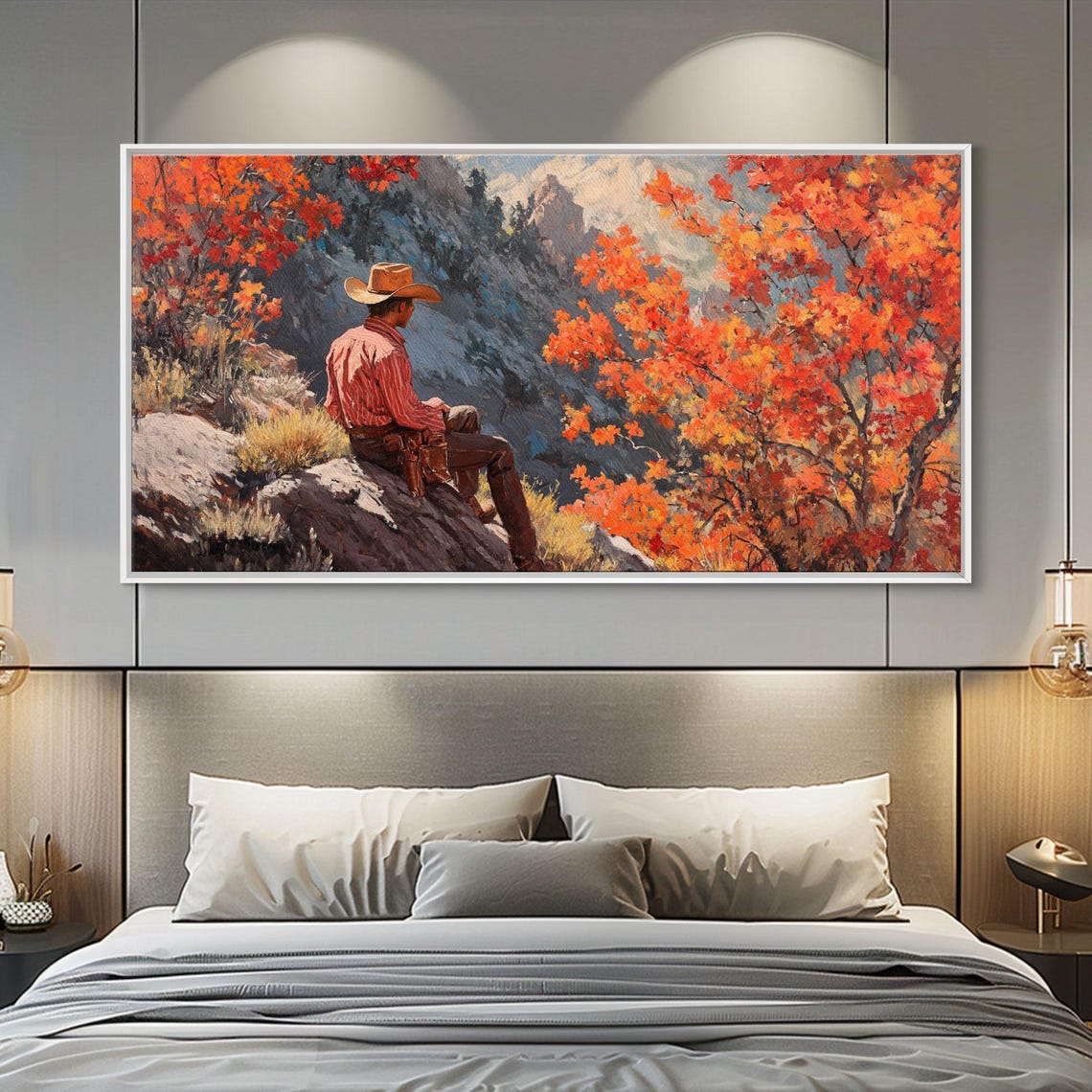 Cowboy Sitting On A Rocky Cliff Overlooking Autumn Mountains Print - Image 3