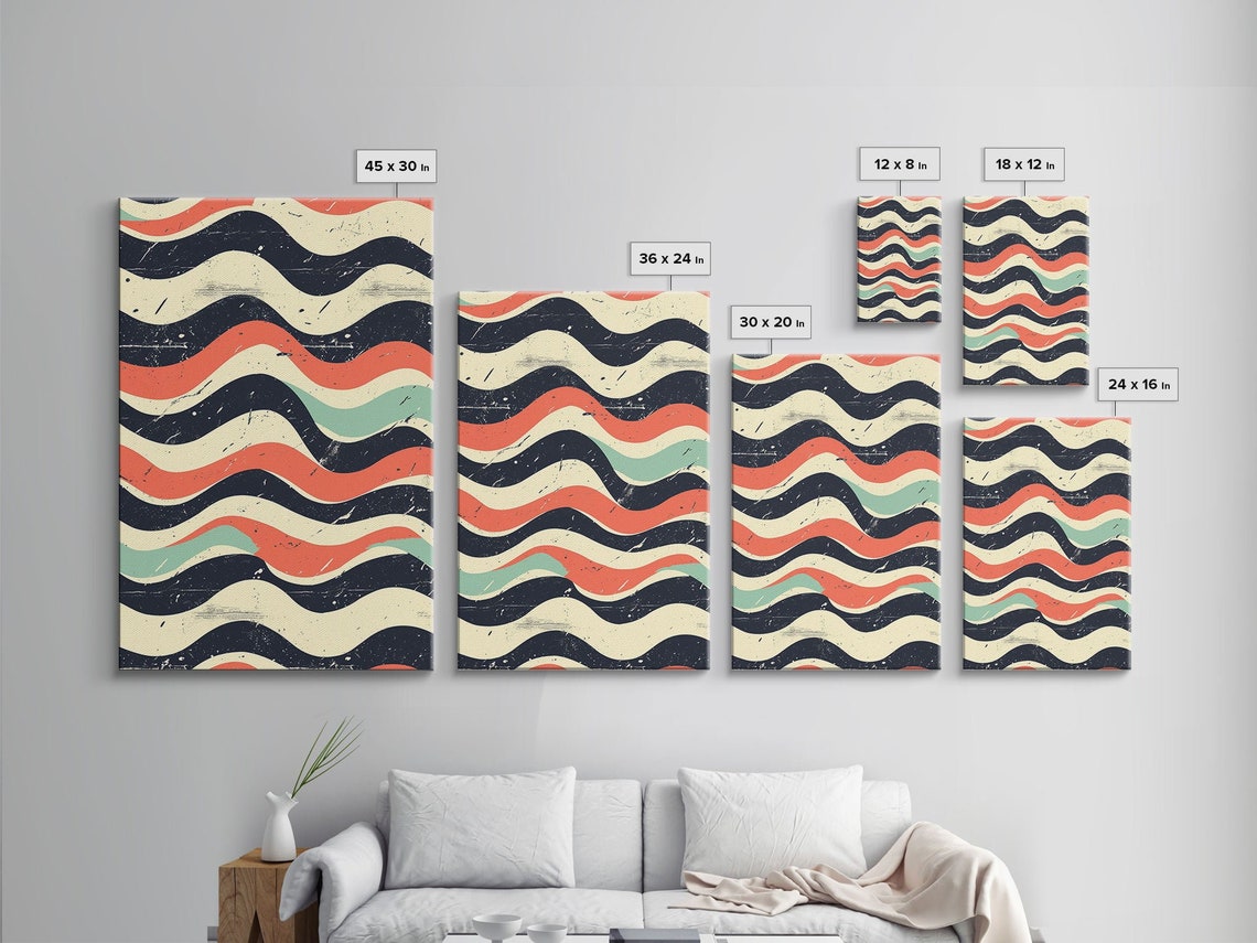 Retro Distressed Wavy Ripple Wall Art Print Coral Navy Cream Abstract - Image 2
