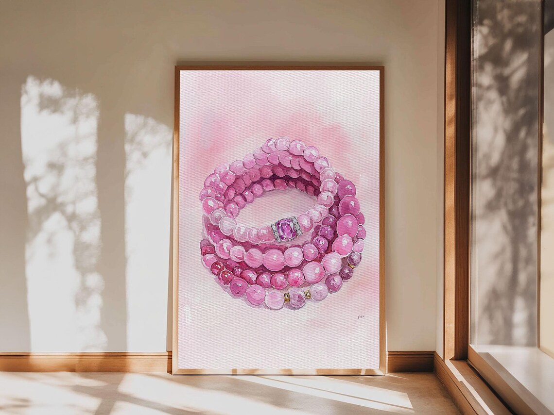 Pink Beaded Bracelet Watercolor Gemstone Jewelry Art Room Poster - Image 4
