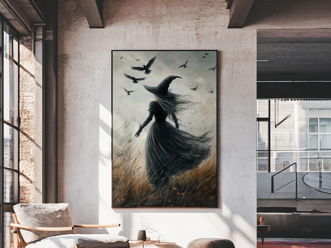 Gothic Witch Walking Windswept Field Ravens Moody Halloween Art Poster - Image 6