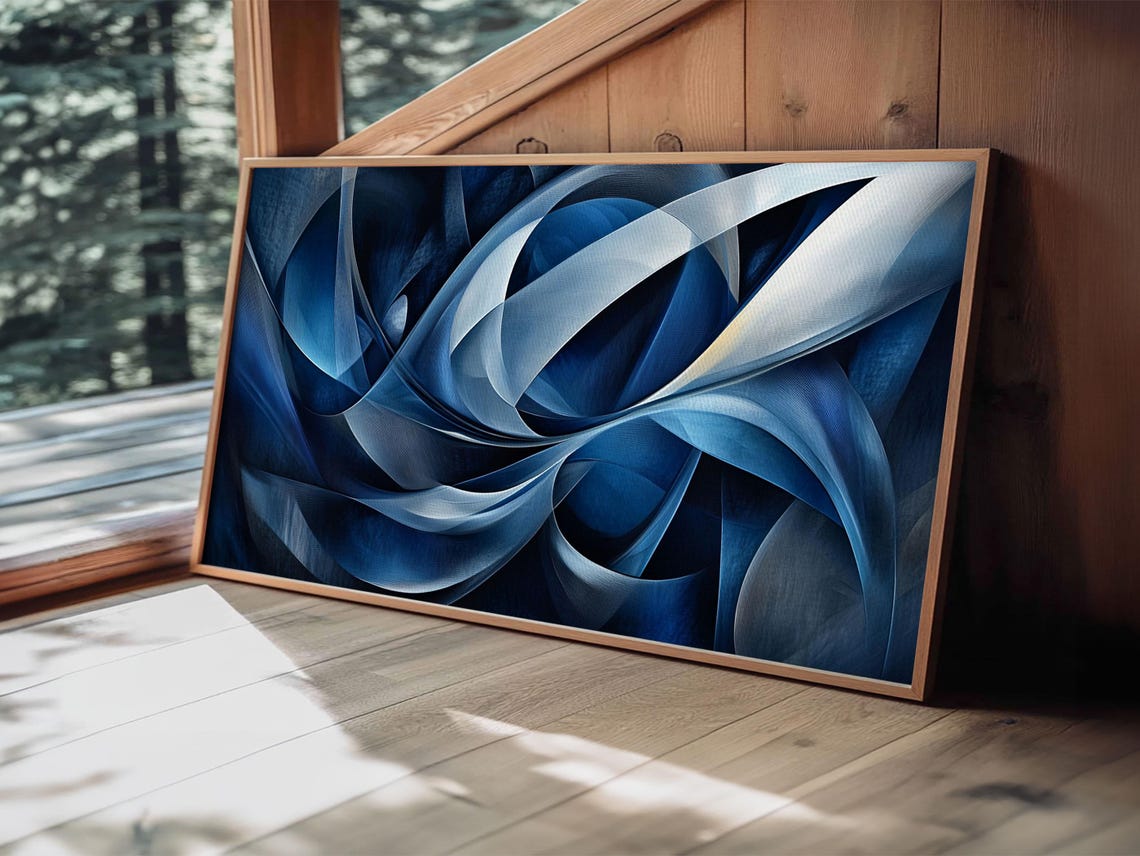 Abstract Blue Swirls Print Geometric Wall Art Horizontal Decor Moody Modern Artwork Gift Idea Living Room Panoramic Art - Image 4
