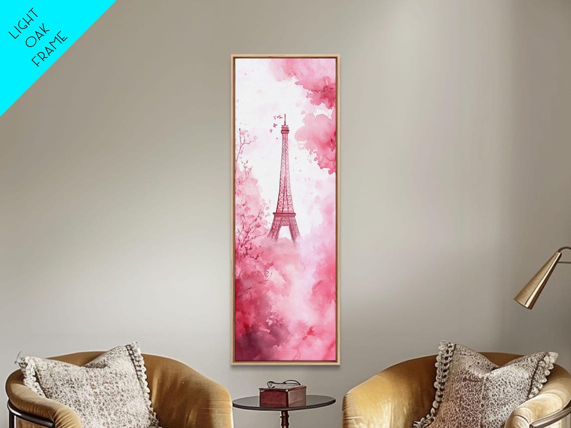 Eiffel Tower In Pink Watercolor Romantic Parisian Skyline Wall Art - Image 2