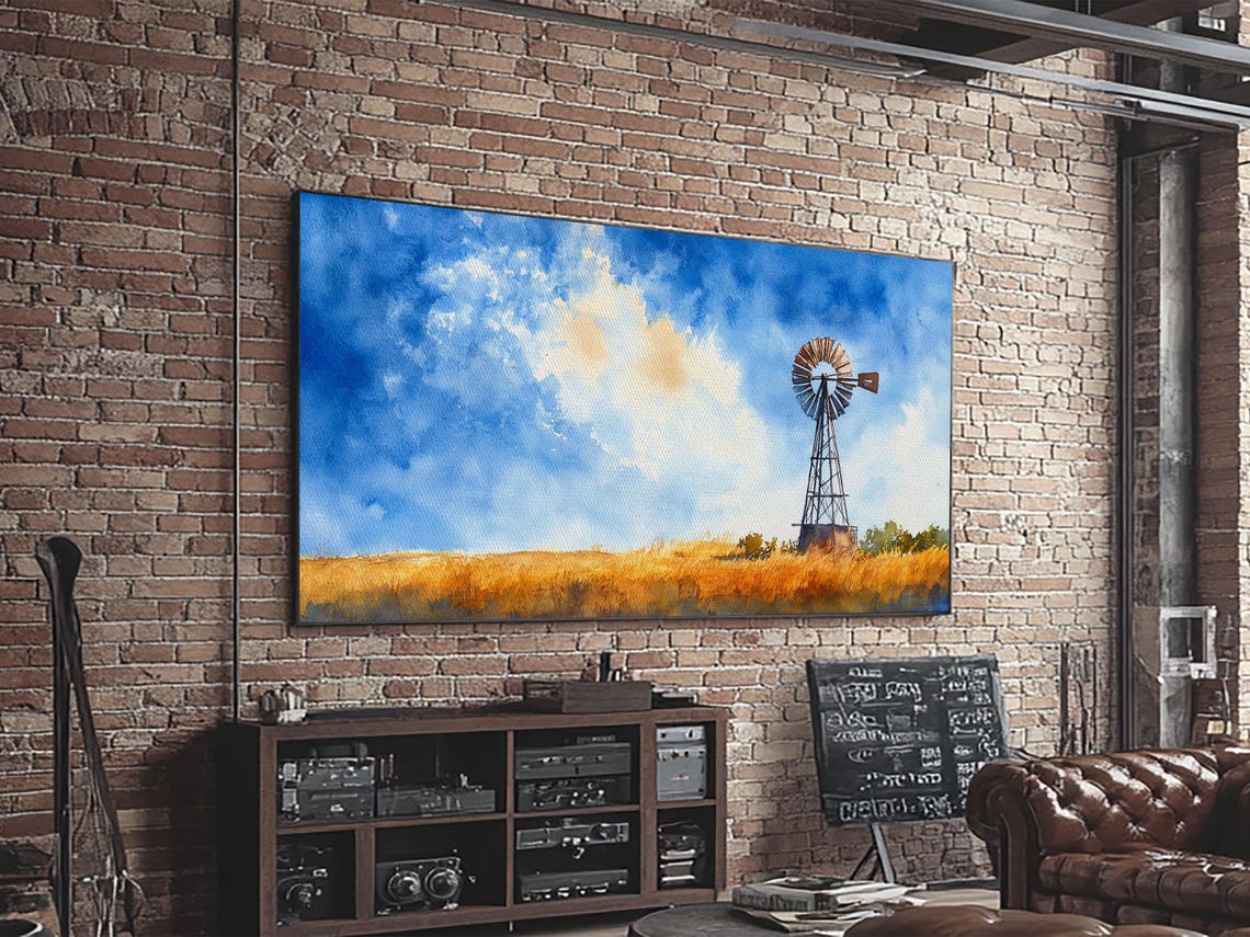 Bright Blue Sky Windmill Framed Print Rustic Farmhouse Art Horizontal Artwork Ideal Above Sofa Unique Living Room Wall Decor - Image 6