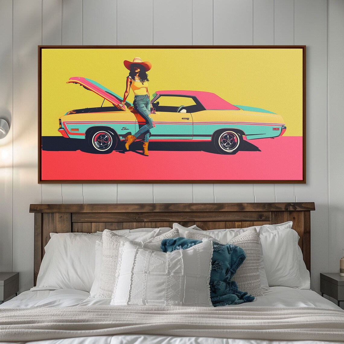Colorful Pop Art Cowgirl Leaning On Retro Two Tone Classic Car Poster - Image 2