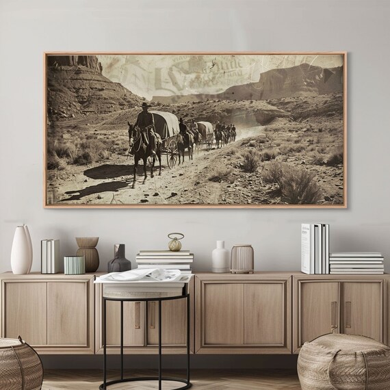 Western Wagon Trail Through Desert Canyon Framed Print For Farmhouse Living Room Wall Art Vintage Home Decor Rustic Scene