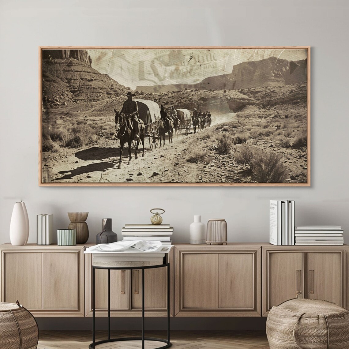 Western Wagon Train Crossing Desert Canyon Dusty Trail Sepia Print