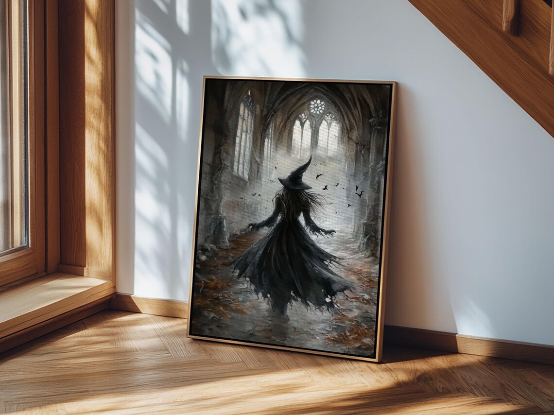 Witch In Gothic Cathedral Ruins Dark Moody Bats Spooky Halloween Art Poster - Image 2