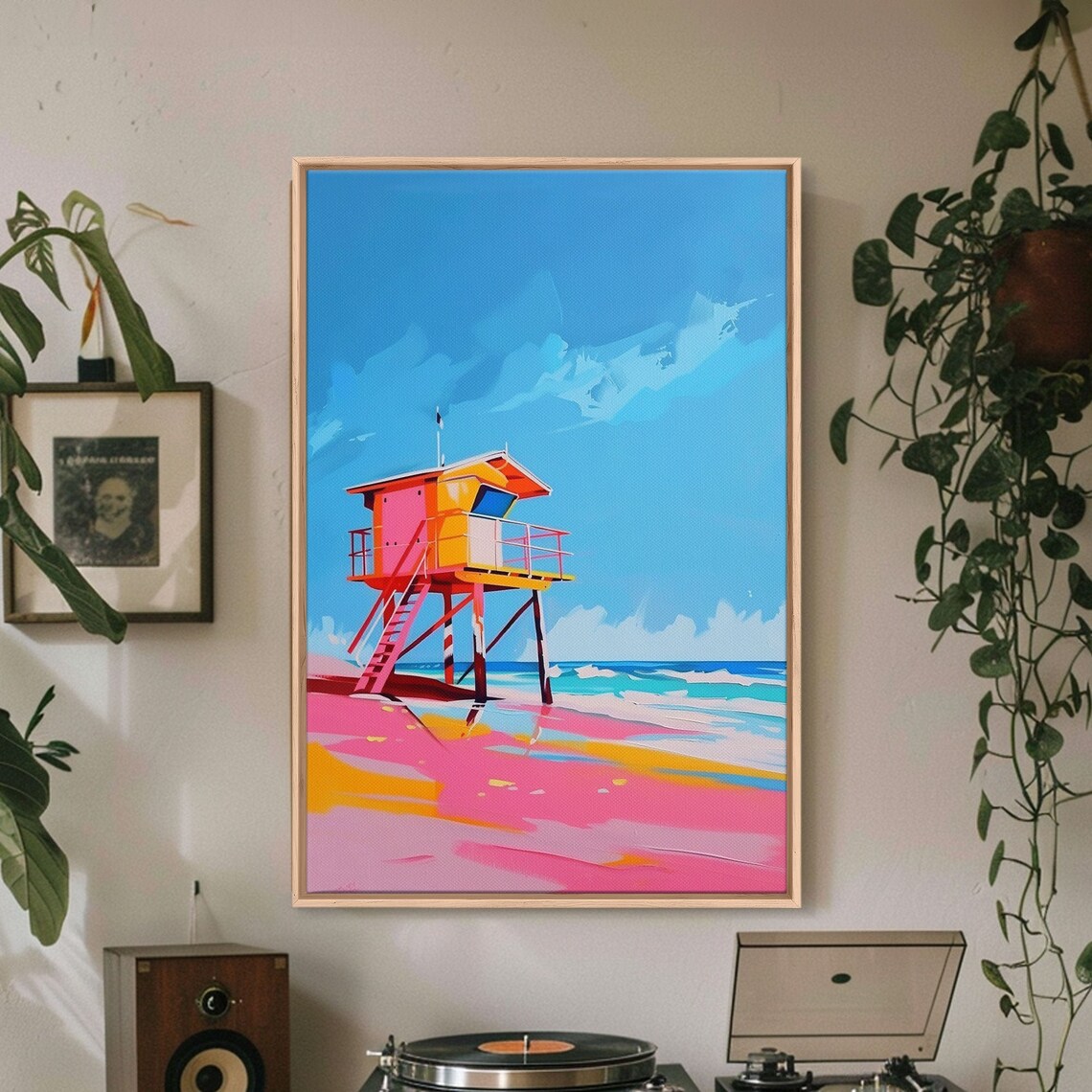 Colorful Lifeguard Tower On Sunny Pink Beach Coastal Wall Art