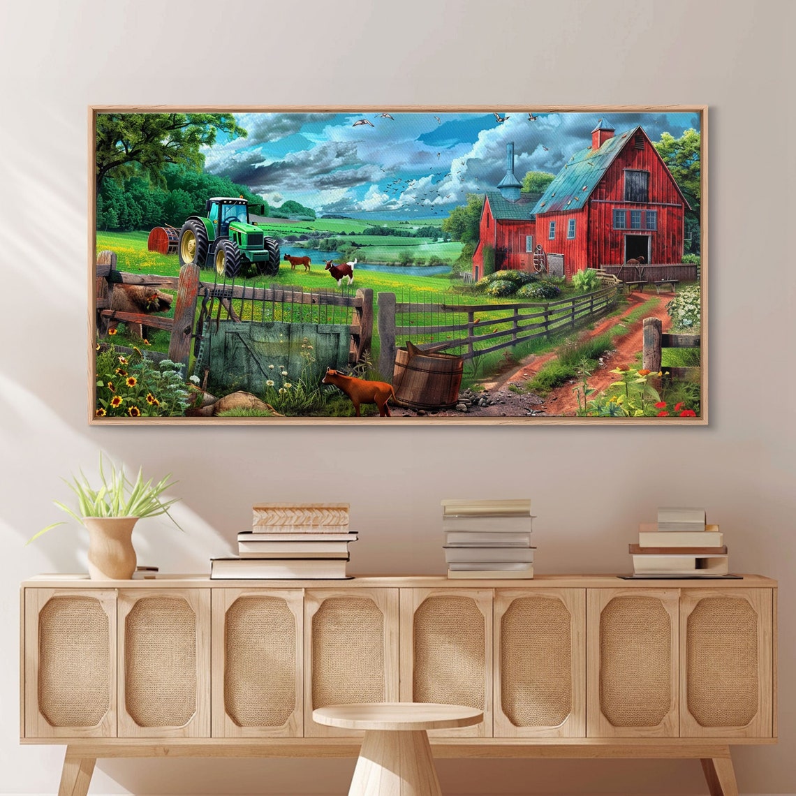 Red Barn Green Tractor Cows Gate Sunflowers Farm Valley Art Poster - Image 2