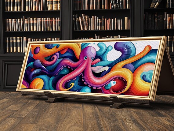 Framed Print Of Colorful Abstract Octopus Art Whimsical Coastal Wall Art Nautical Decor Horizontal Art Bedroom Decor