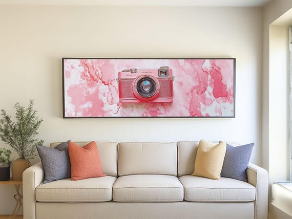 Vintage Camera Art Print Pink Abstract Wall Art Retro Living Room Decor Cottagecore Wabi Sabi Art Horizontal Artwork Gift
