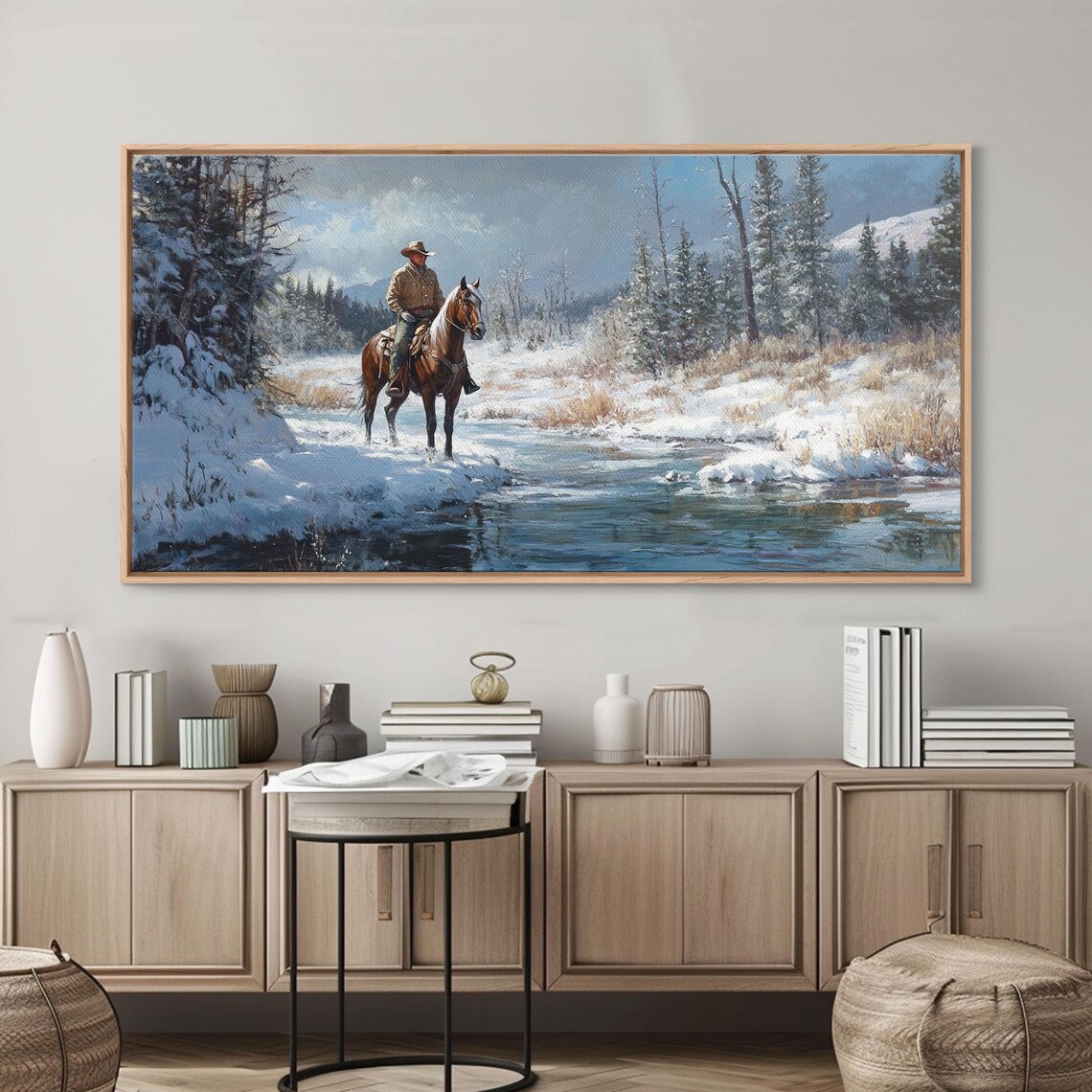 Cowboy Riding Horse Through Vibrant Autumn Forest Framed Print Tall Fall Wall Art Rustic Western Decor Moody Landscape - Image 5