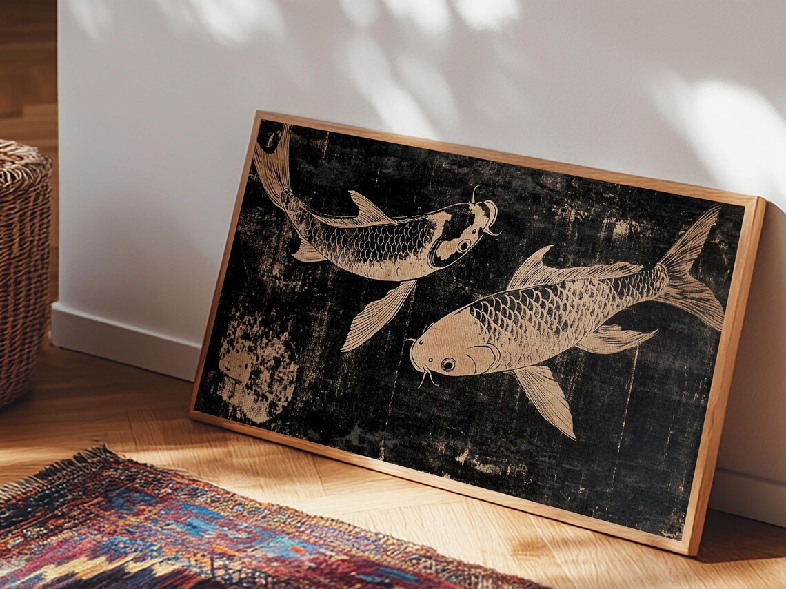 Two Koi Fish Gold Black Japanese Woodblock Style Elegant Art Print - Image 2