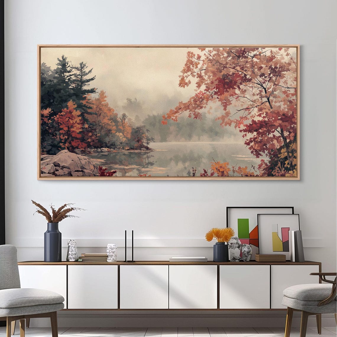 Misty Autumn Lake Framed By Red Maples And Pine Trees Poster - Image 3